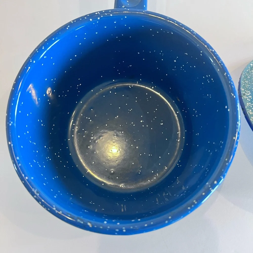 Vintage Enamelware Blue And White Speck Pot and Lid Camp Ware